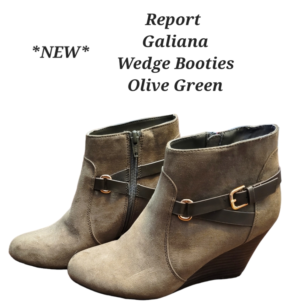 Report Galiana Wedge Booties NWOT Faux Suede Olive Green Wedge Boots Size 7.5